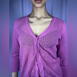 Eddie Bauer Magenta 3/4 Sleeve Knit Cardigan Sweater Size S Button Closure Twee